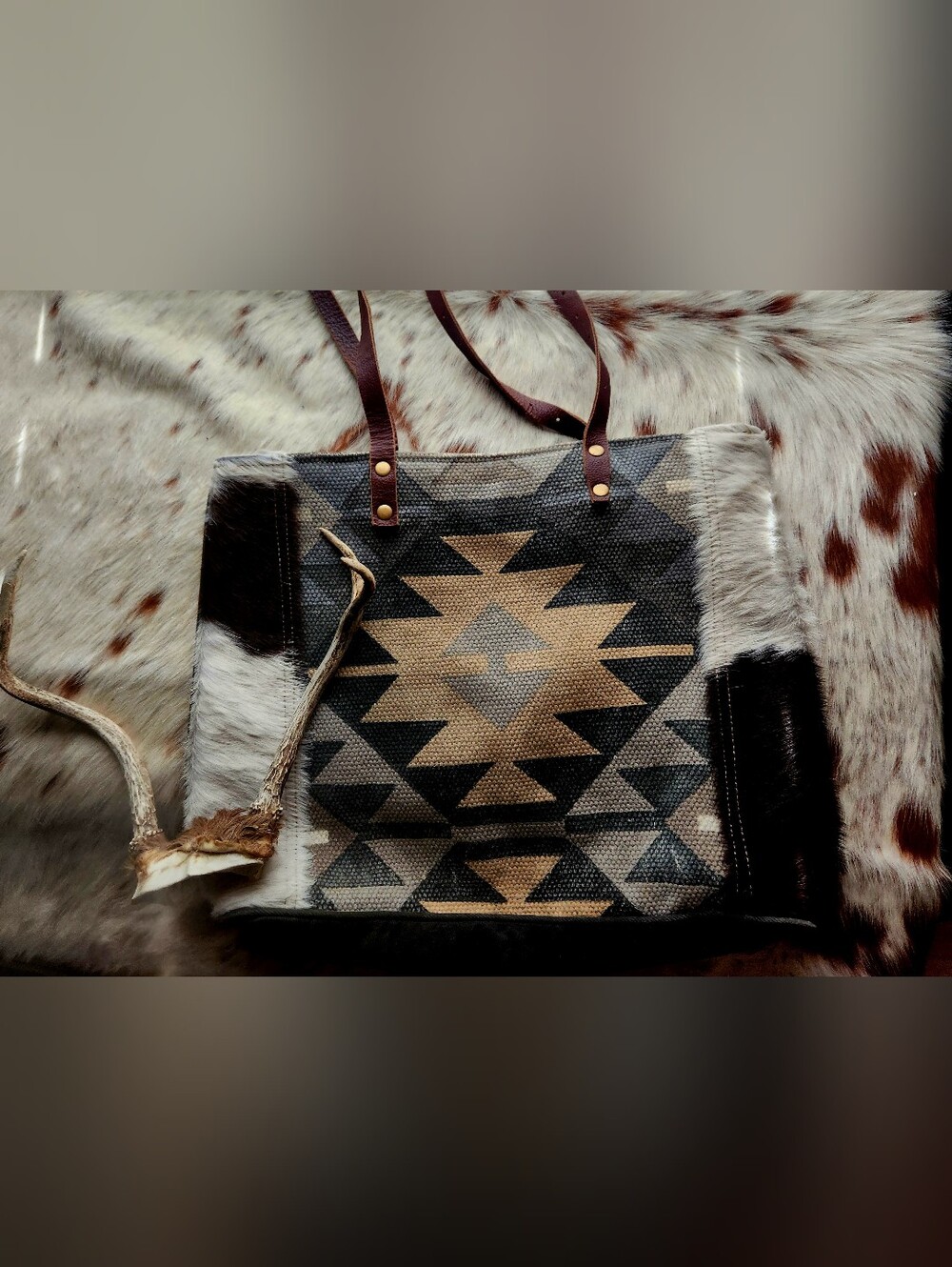 Southwestern Geometric Tote in Brown & Black with Leather Straps